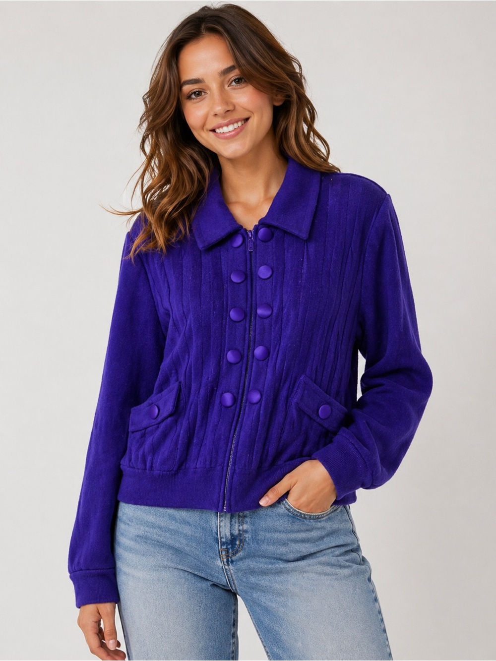 Vintage St John Purple  Santana Knit Jacket Crest Zip Cardigan Old Money Luxury